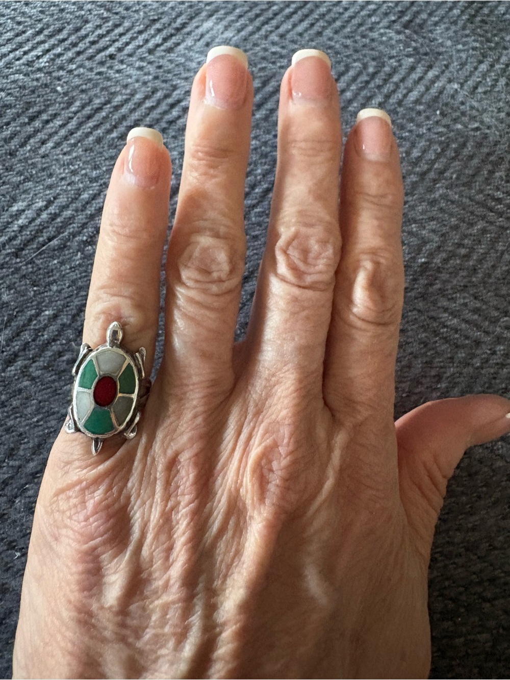 Ring Zuni Turtle 925 Sterling Silver Vintage Turquoise Coral Mother-of-Pearl - Picture 6 of 8